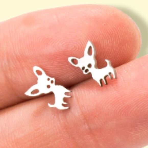 Chihuahua Small Minimalist Silver Stud Earrings - Picture 5 of 6